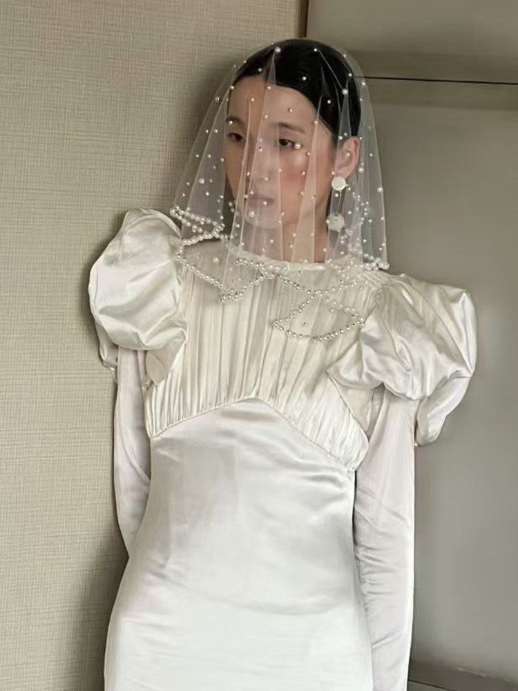 Retro Beaded Bridal Birdcage Veil - Luxury Hand-Embellished Blusher Veil with Scalloped Waved Bead Trim LUNA-X373