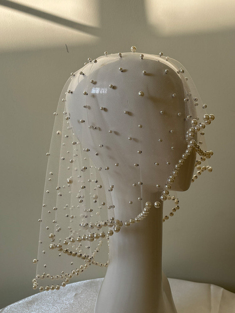 Retro Beaded Bridal Birdcage Veil - Luxury Hand-Embellished Blusher Veil with Scalloped Waved Bead Trim LUNA-X373