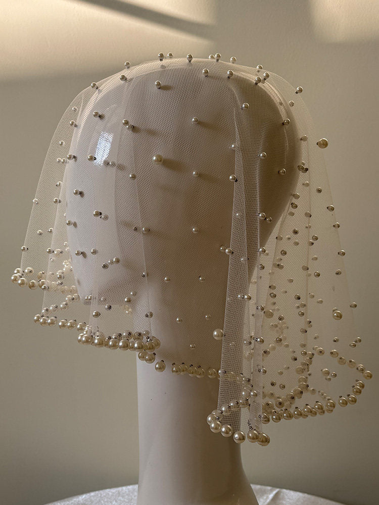 Retro Beaded Bridal Birdcage Veil - Luxury Hand-Embellished Blusher Veil with Scalloped Waved Bead Trim LUNA-X373