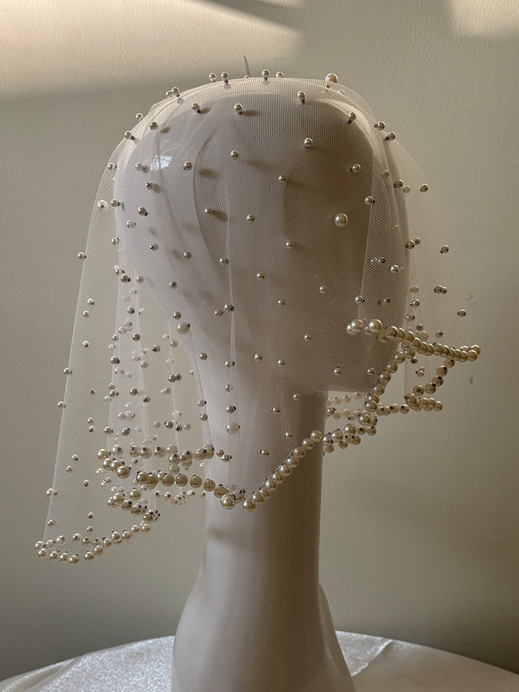 Retro Beaded Bridal Birdcage Veil - Luxury Hand-Embellished Blusher Veil with Scalloped Waved Bead Trim LUNA-X373