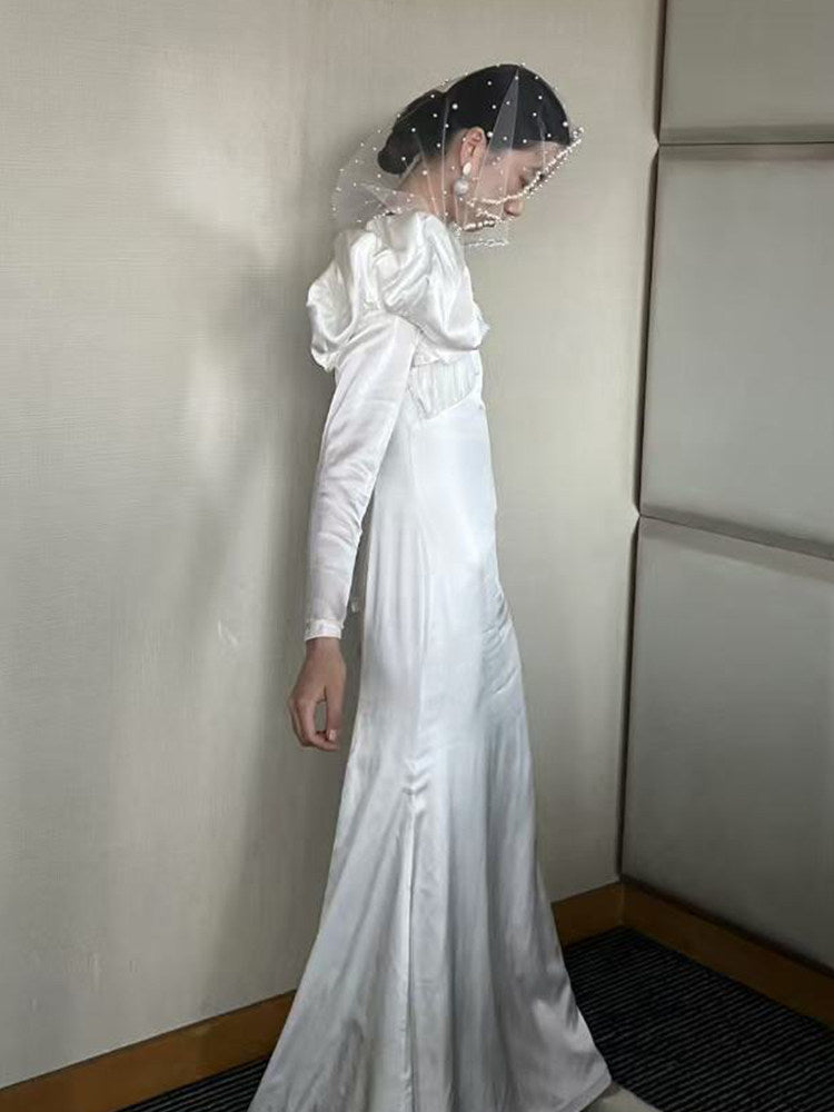 Retro Beaded Bridal Birdcage Veil - Luxury Hand-Embellished Blusher Veil with Scalloped Waved Bead Trim LUNA-X373