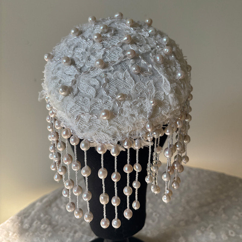 Vintage Beaded Bridal Juliet Cap - Heavy-Handcrafted Embroidered Lace Wedding Hat with Cascading Fringe Tassels LUNA-X374