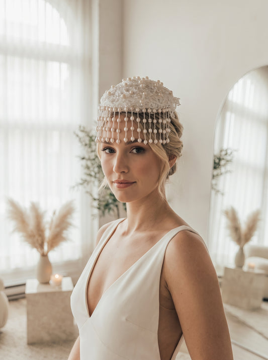 Vintage Beaded Bridal Juliet Cap - Heavy-Handcrafted Embroidered Lace Wedding Hat with Cascading Fringe Tassels LUNA-X374