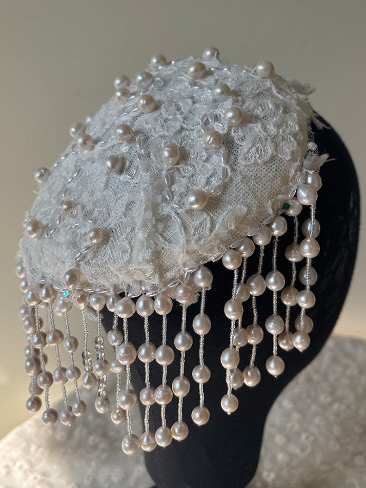 Vintage Beaded Bridal Juliet Cap - Heavy-Handcrafted Embroidered Lace Wedding Hat with Cascading Fringe Tassels LUNA-X374