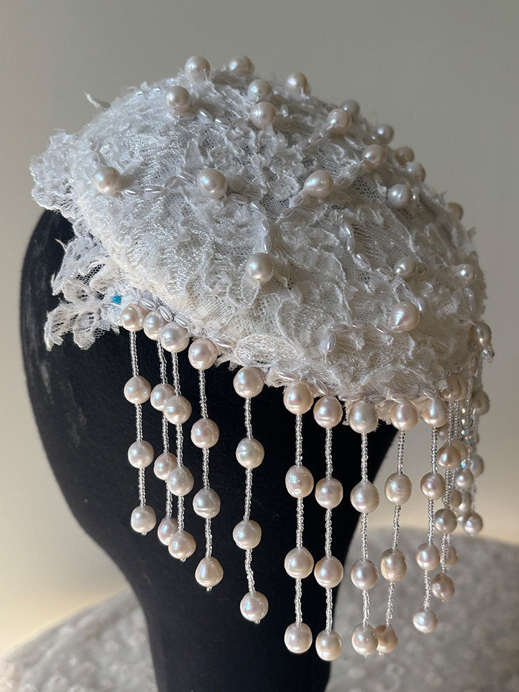Vintage Beaded Bridal Juliet Cap - Heavy-Handcrafted Embroidered Lace Wedding Hat with Cascading Fringe Tassels LUNA-X374