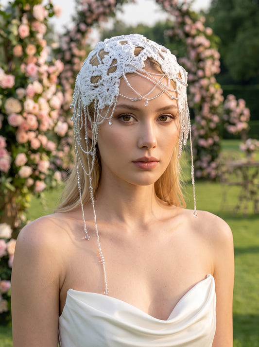 Ethereal Lace Bridal Juliet Cap - Avant-Garde Beaded Hair Net Headpiece with Layered Translucent Droplet Tassels  LUNA-X375
