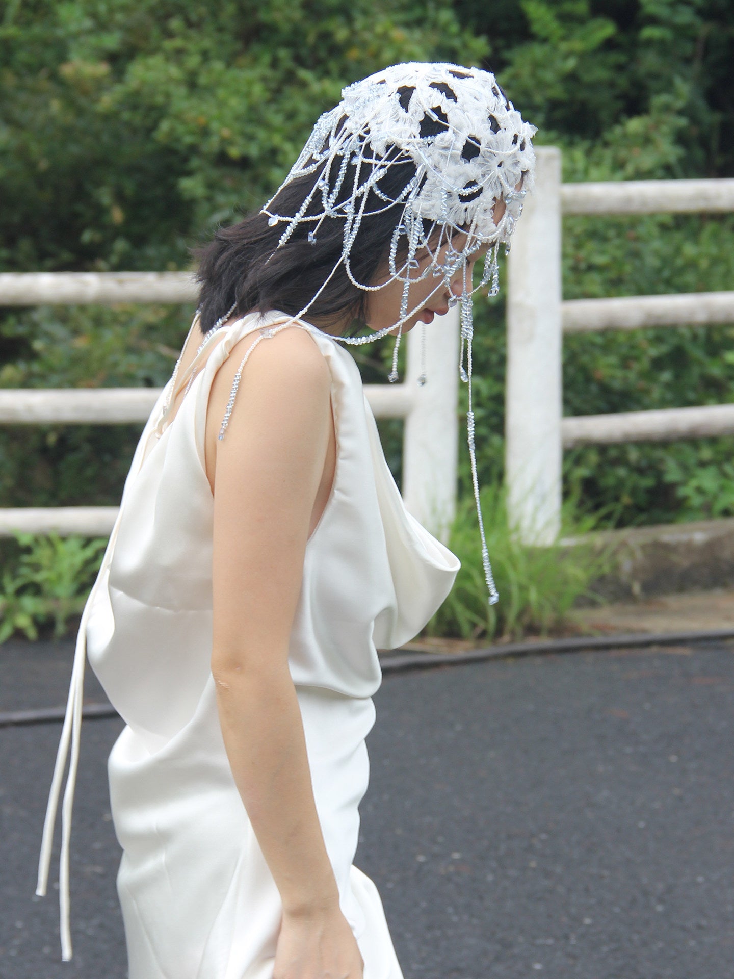 Ethereal Lace Bridal Juliet Cap - Avant-Garde Beaded Hair Net Headpiece with Layered Translucent Droplet Tassels  LUNA-X375