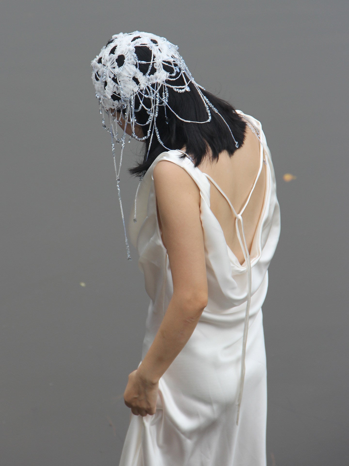 Ethereal Lace Bridal Juliet Cap - Avant-Garde Beaded Hair Net Headpiece with Layered Translucent Droplet Tassels  LUNA-X375