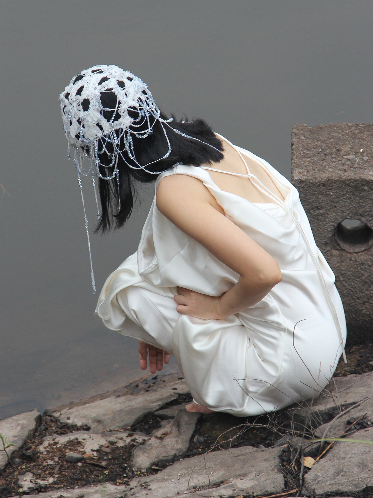 Ethereal Lace Bridal Juliet Cap - Avant-Garde Beaded Hair Net Headpiece with Layered Translucent Droplet Tassels  LUNA-X375