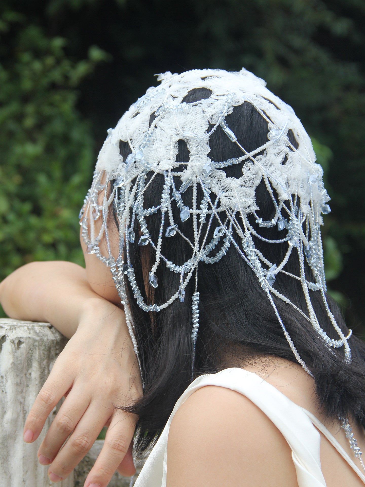 Ethereal Lace Bridal Juliet Cap - Avant-Garde Beaded Hair Net Headpiece with Layered Translucent Droplet Tassels  LUNA-X375