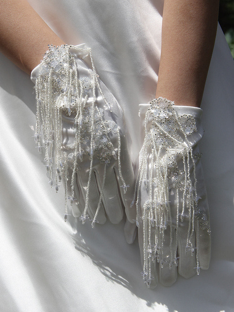 Vintage Beaded Bridal Satin Gloves - Heavy-Handcrafted Sequin Wedding Wrist Gloves with Cascading Fringe Tassels LUNA-X376