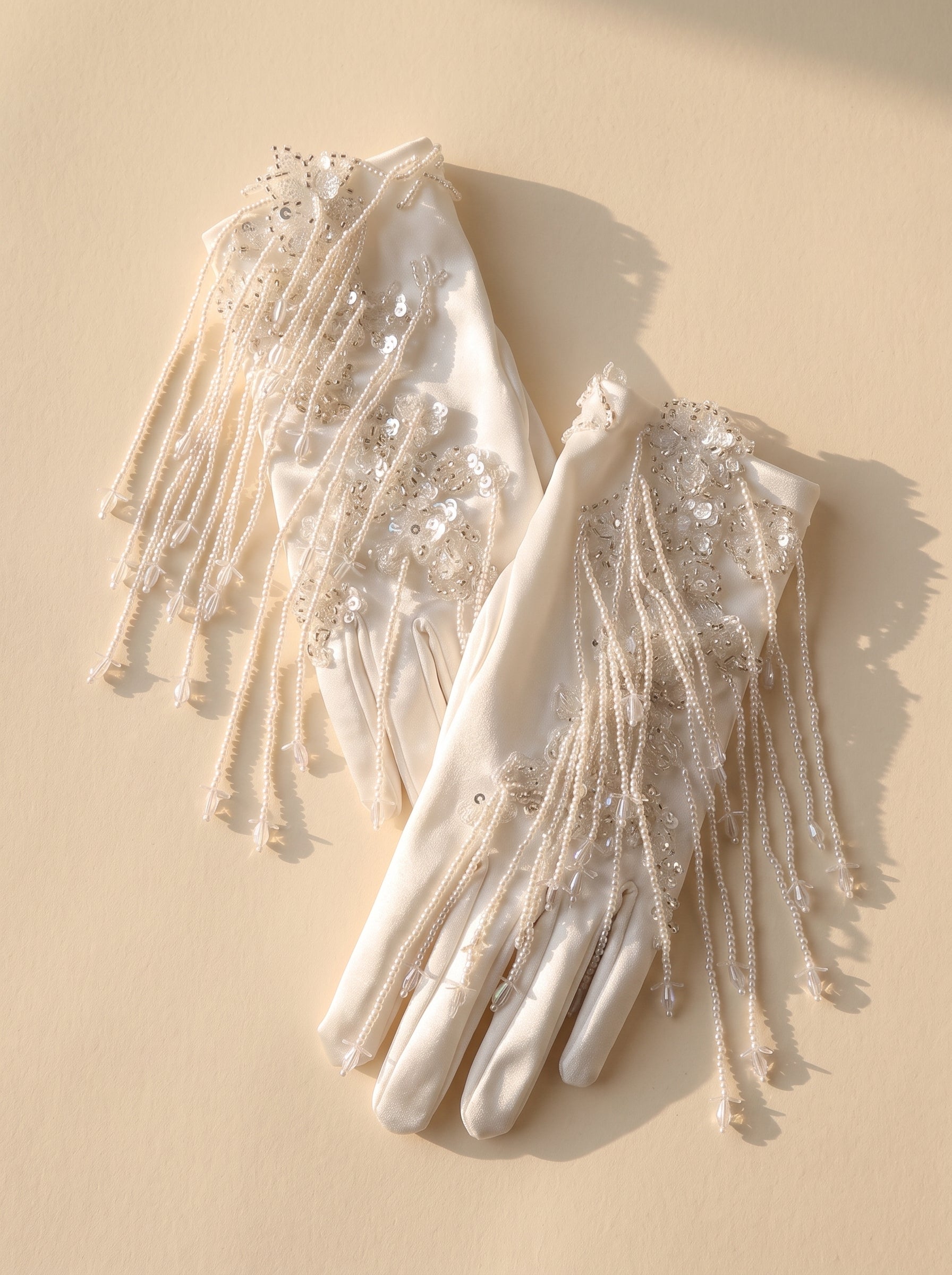 Vintage Beaded Bridal Satin Gloves - Heavy-Handcrafted Sequin Wedding Wrist Gloves with Cascading Fringe Tassels LUNA-X376