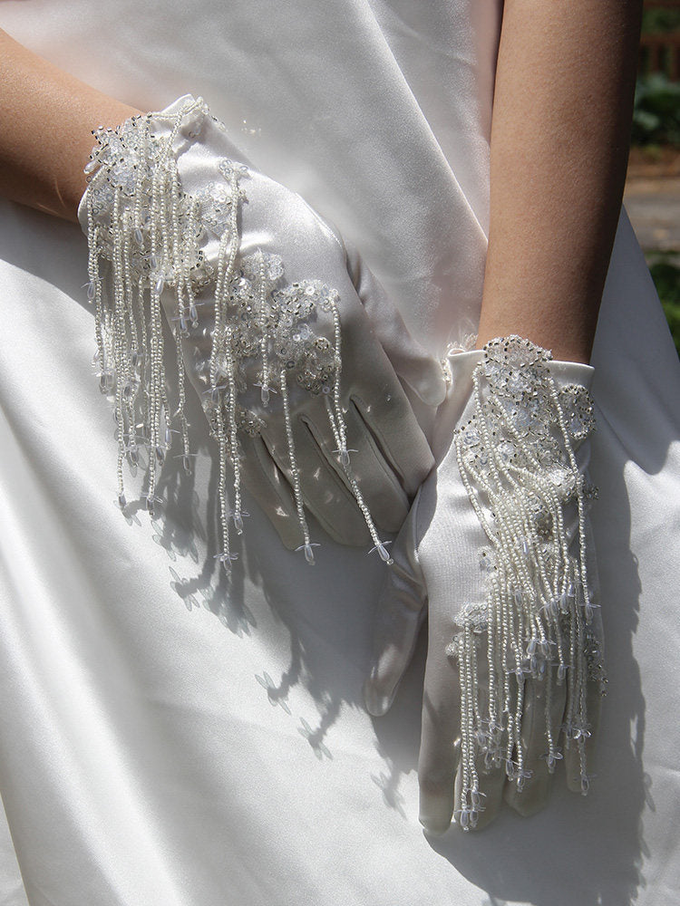 Vintage Beaded Bridal Satin Gloves - Heavy-Handcrafted Sequin Wedding Wrist Gloves with Cascading Fringe Tassels LUNA-X376