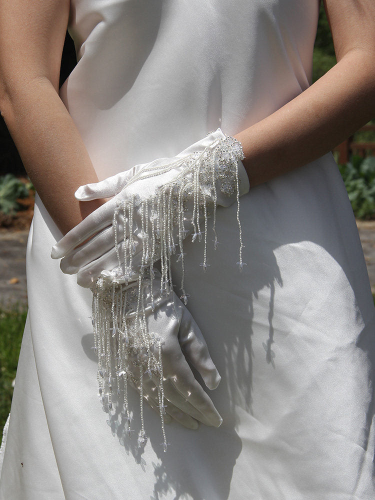 Vintage Beaded Bridal Satin Gloves - Heavy-Handcrafted Sequin Wedding Wrist Gloves with Cascading Fringe Tassels LUNA-X376