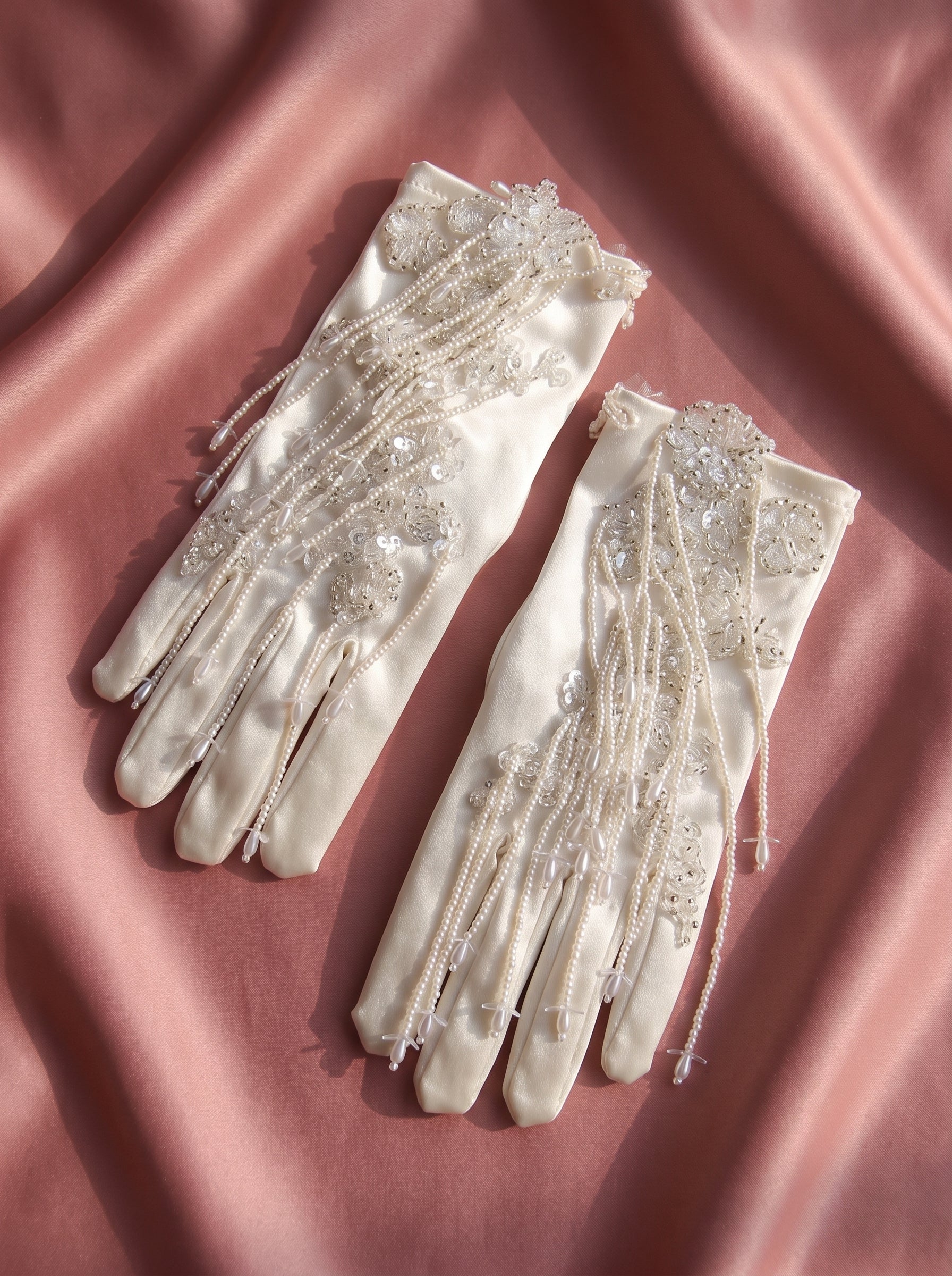Vintage Beaded Bridal Satin Gloves - Heavy-Handcrafted Sequin Wedding Wrist Gloves with Cascading Fringe Tassels LUNA-X376