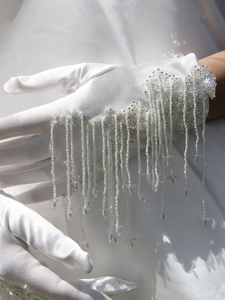 Vintage Beaded Bridal Satin Gloves - Heavy-Handcrafted Sequin Wedding Wrist Gloves with Cascading Fringe Tassels LUNA-X376