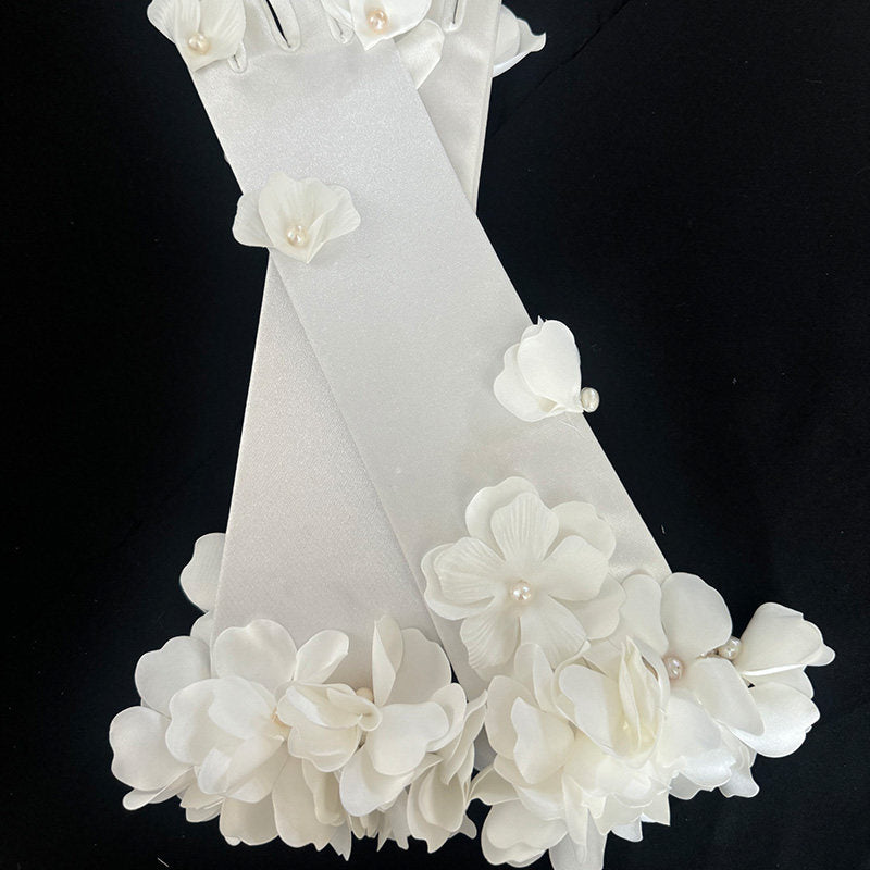 Romantic 3D Floral Bridal Opera Gloves - Heavy-Handcrafted Organza Flower Stretch Satin Long Wedding Gloves  LUNA-X377