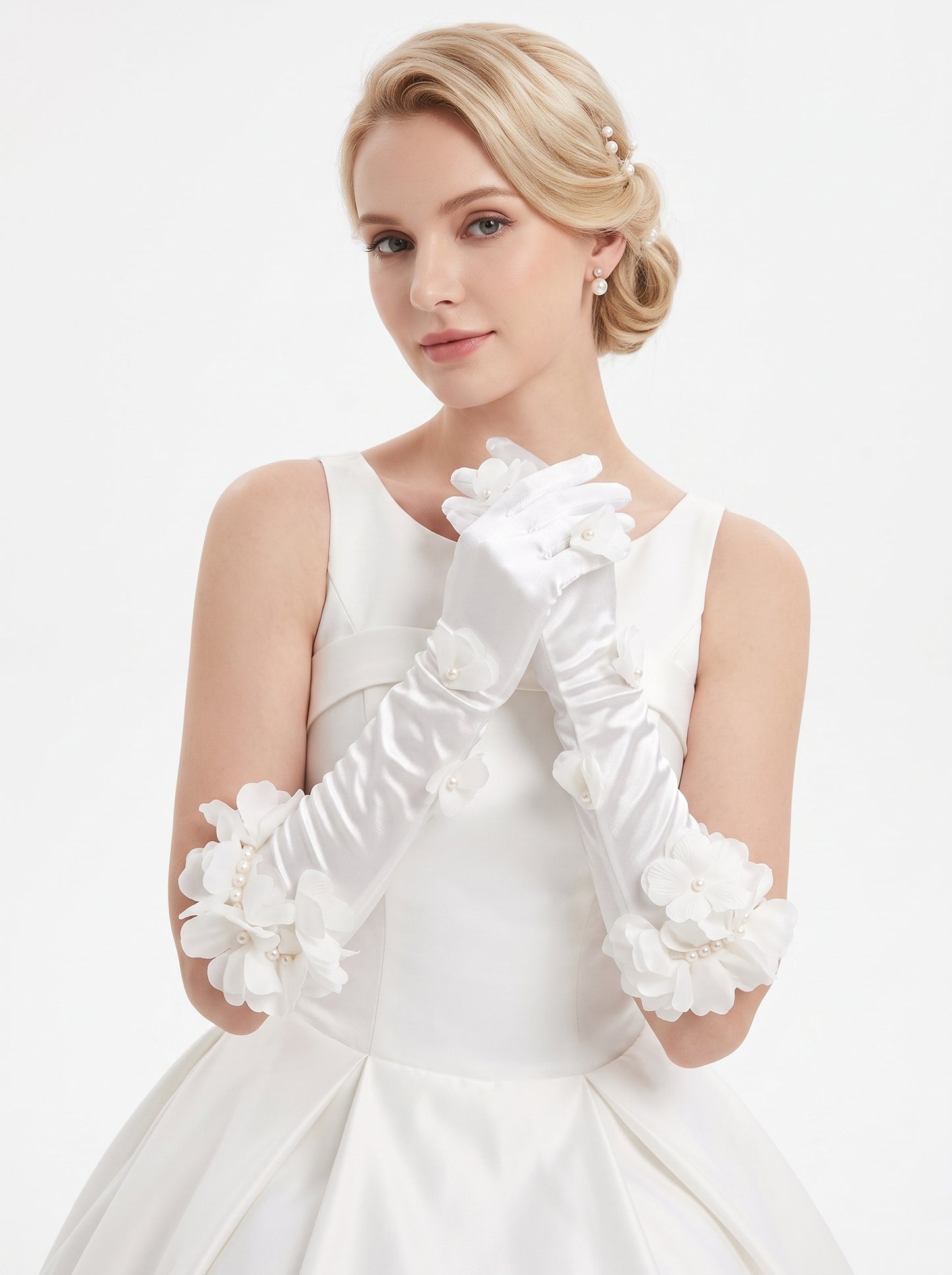 Romantic 3D Floral Bridal Opera Gloves - Heavy-Handcrafted Organza Flower Stretch Satin Long Wedding Gloves  LUNA-X377