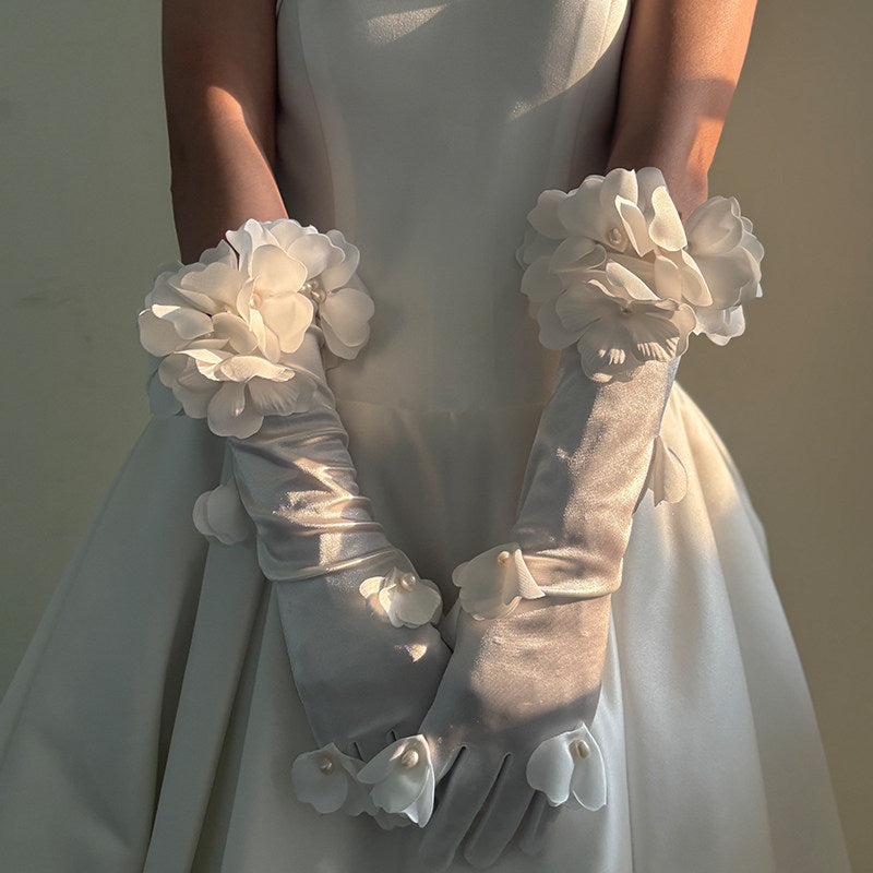 Romantic 3D Floral Bridal Opera Gloves - Heavy-Handcrafted Organza Flower Stretch Satin Long Wedding Gloves  LUNA-X377