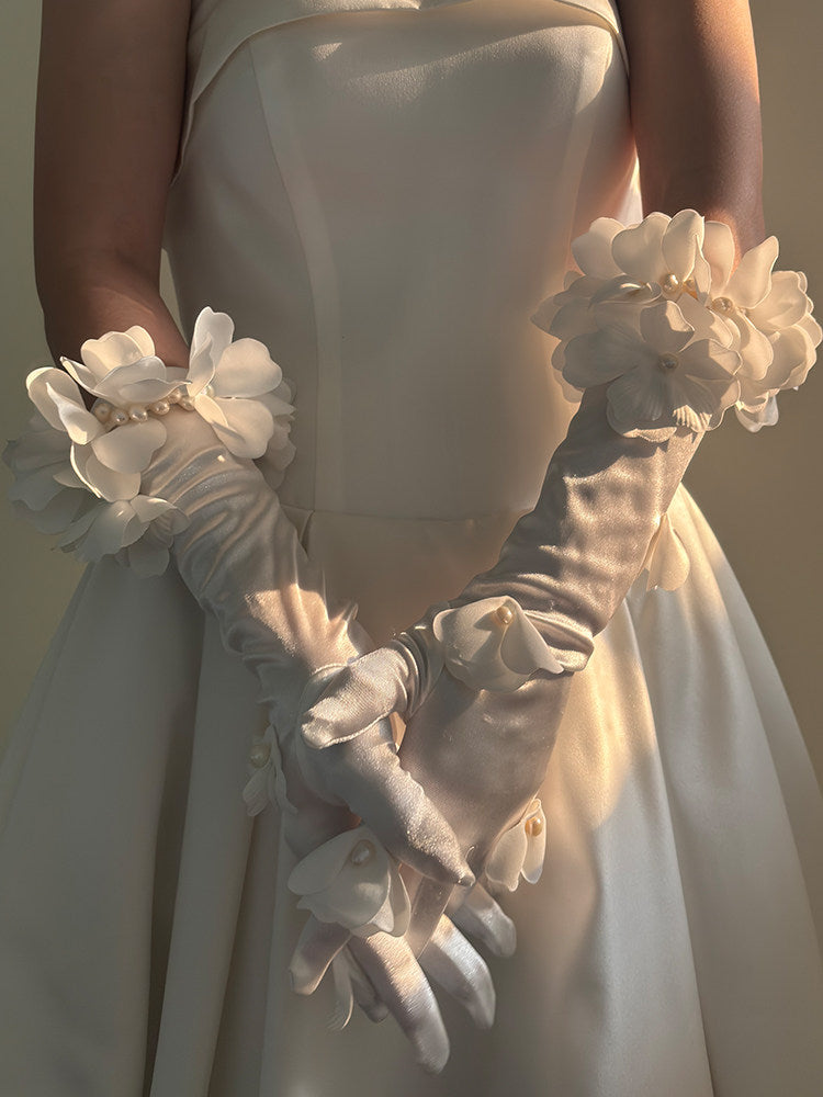 Romantic 3D Floral Bridal Opera Gloves - Heavy-Handcrafted Organza Flower Stretch Satin Long Wedding Gloves  LUNA-X377