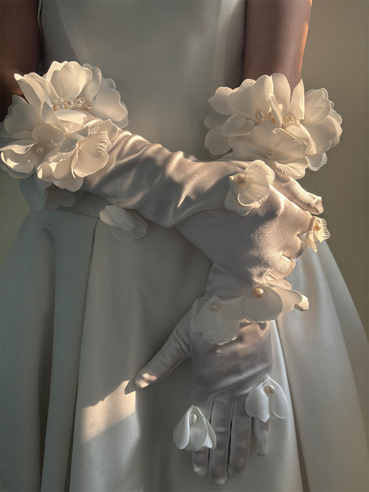 Romantic 3D Floral Bridal Opera Gloves - Heavy-Handcrafted Organza Flower Stretch Satin Long Wedding Gloves  LUNA-X377
