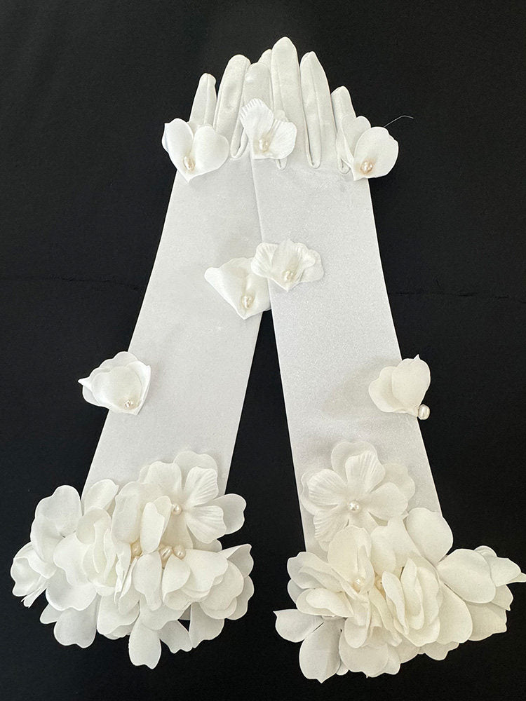 Romantic 3D Floral Bridal Opera Gloves - Heavy-Handcrafted Organza Flower Stretch Satin Long Wedding Gloves  LUNA-X377