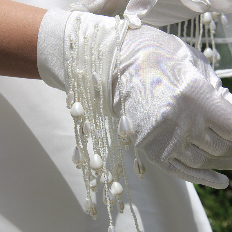 Romantic 3D Floral Bridal Opera Gloves - Heavy-Handcrafted Organza Flower Stretch Satin Long Wedding Gloves LUNA-X378