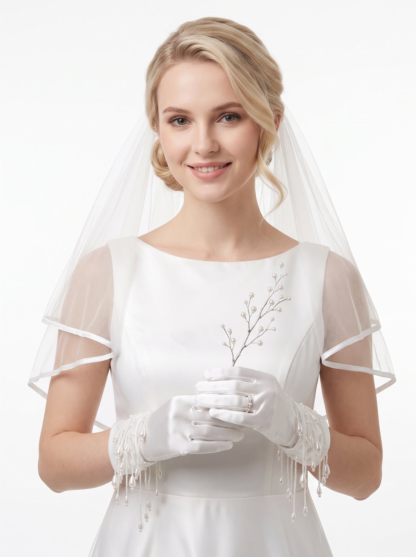 Romantic 3D Floral Bridal Opera Gloves - Heavy-Handcrafted Organza Flower Stretch Satin Long Wedding Gloves LUNA-X378
