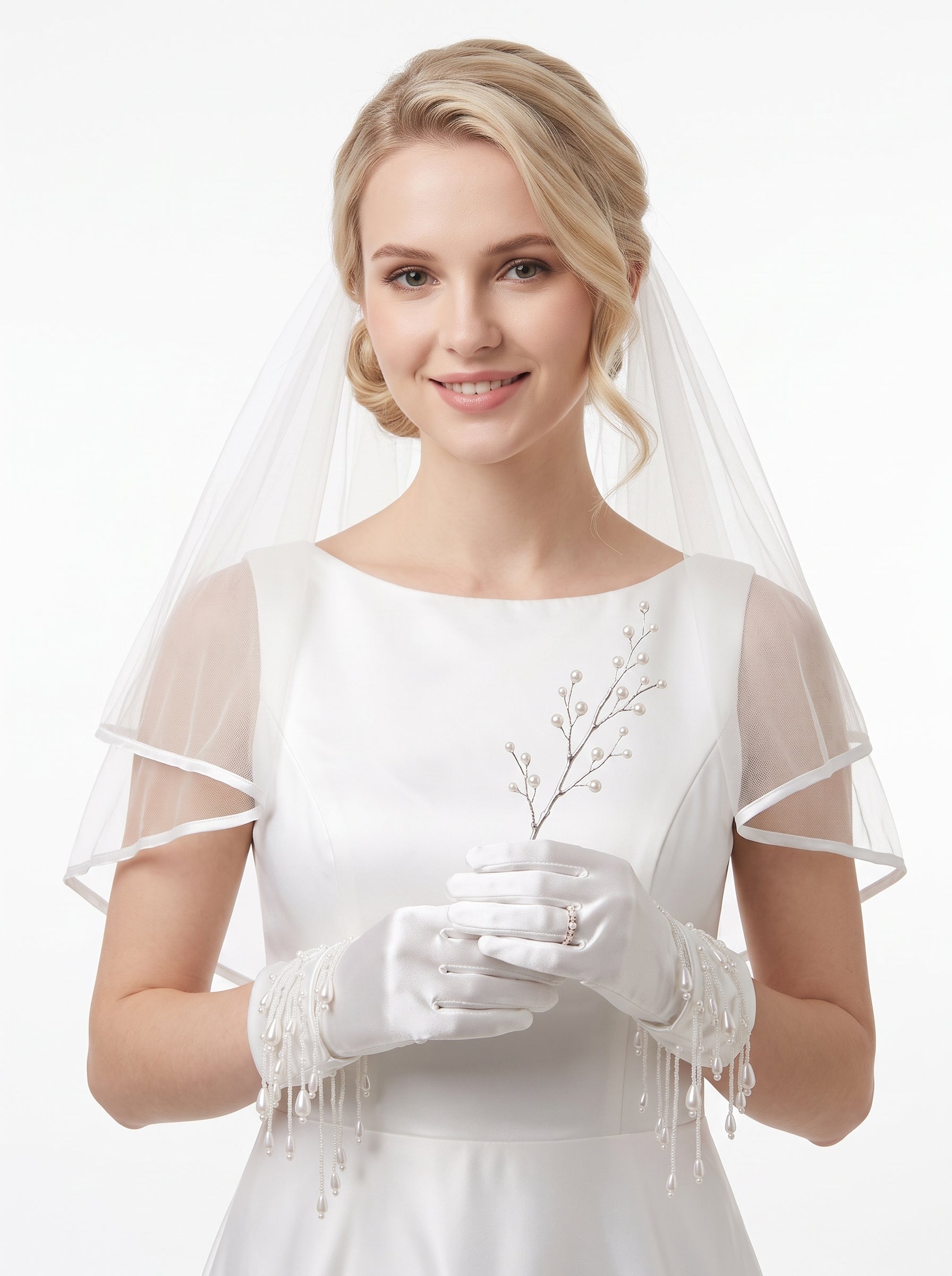 Romantic 3D Floral Bridal Opera Gloves - Heavy-Handcrafted Organza Flower Stretch Satin Long Wedding Gloves LUNA-X378
