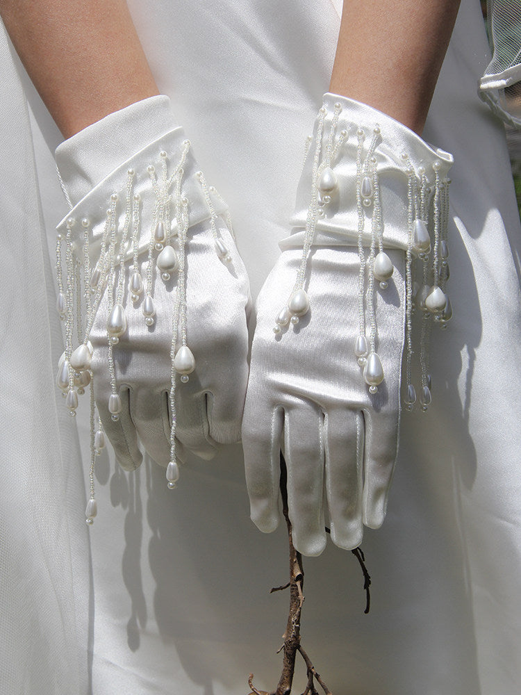 Romantic 3D Floral Bridal Opera Gloves - Heavy-Handcrafted Organza Flower Stretch Satin Long Wedding Gloves LUNA-X378