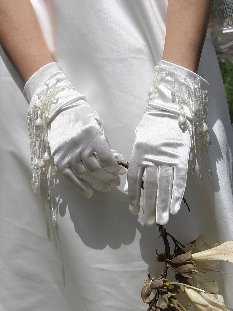 Romantic 3D Floral Bridal Opera Gloves - Heavy-Handcrafted Organza Flower Stretch Satin Long Wedding Gloves LUNA-X378