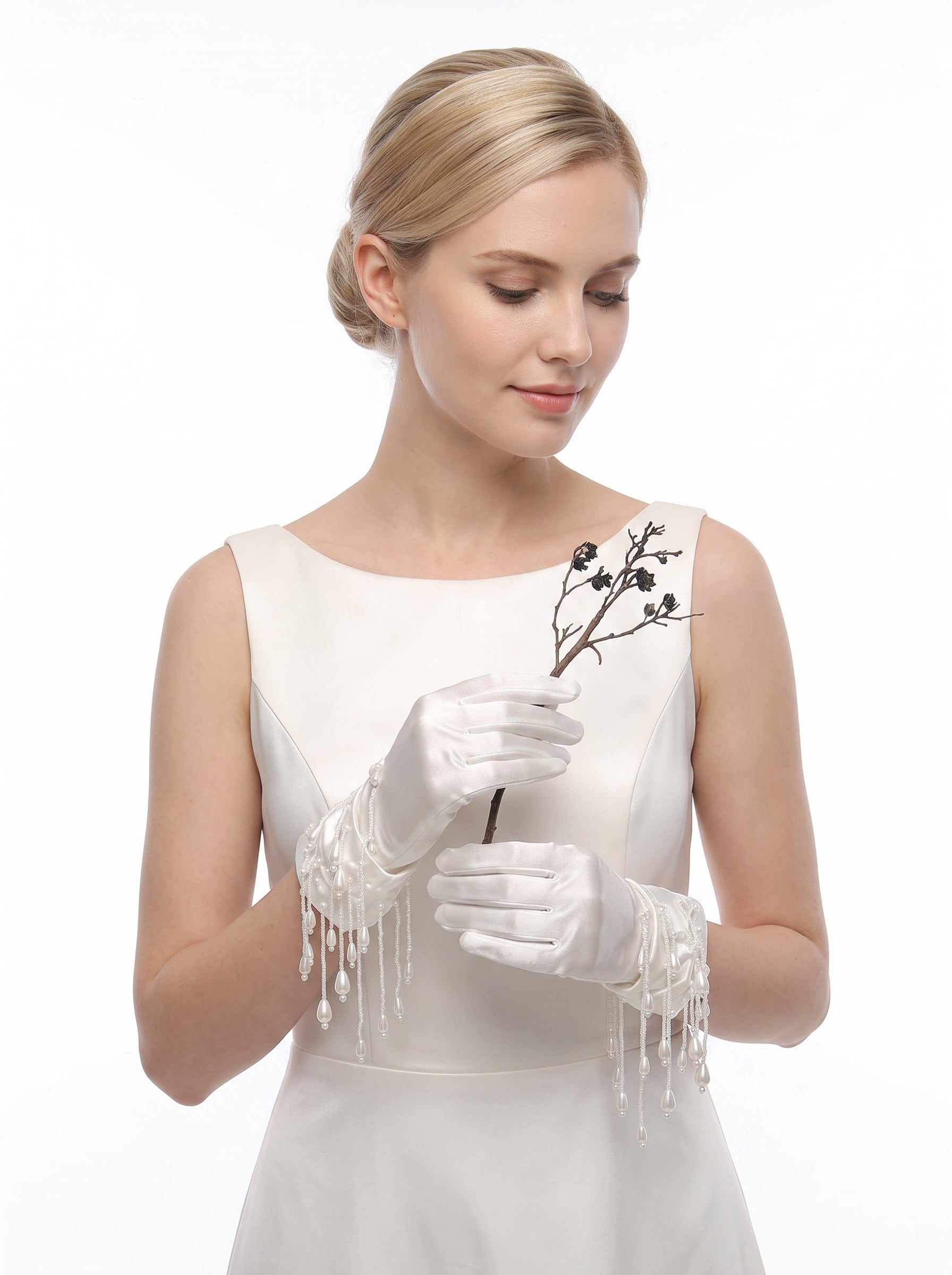 Romantic 3D Floral Bridal Opera Gloves - Heavy-Handcrafted Organza Flower Stretch Satin Long Wedding Gloves LUNA-X378