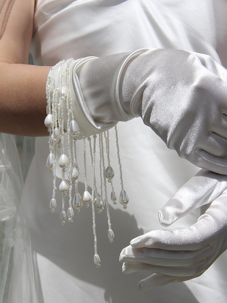 Romantic 3D Floral Bridal Opera Gloves - Heavy-Handcrafted Organza Flower Stretch Satin Long Wedding Gloves LUNA-X378