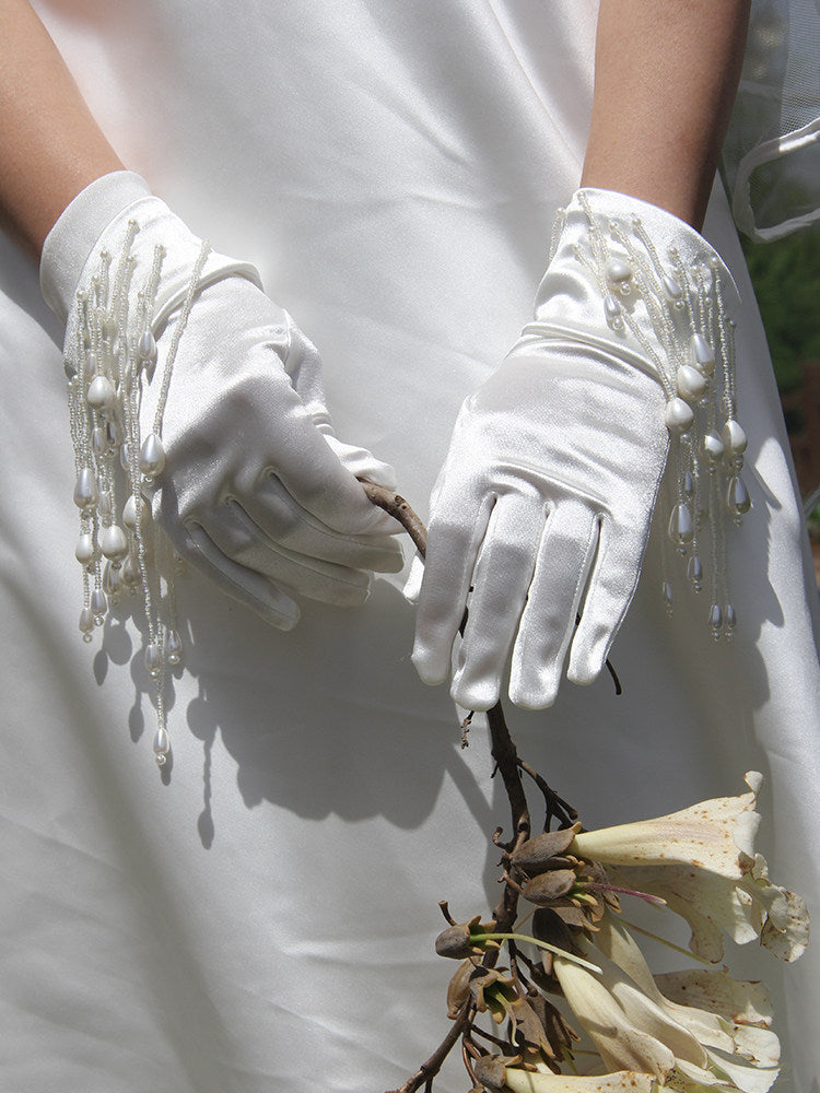 Romantic 3D Floral Bridal Opera Gloves - Heavy-Handcrafted Organza Flower Stretch Satin Long Wedding Gloves LUNA-X378