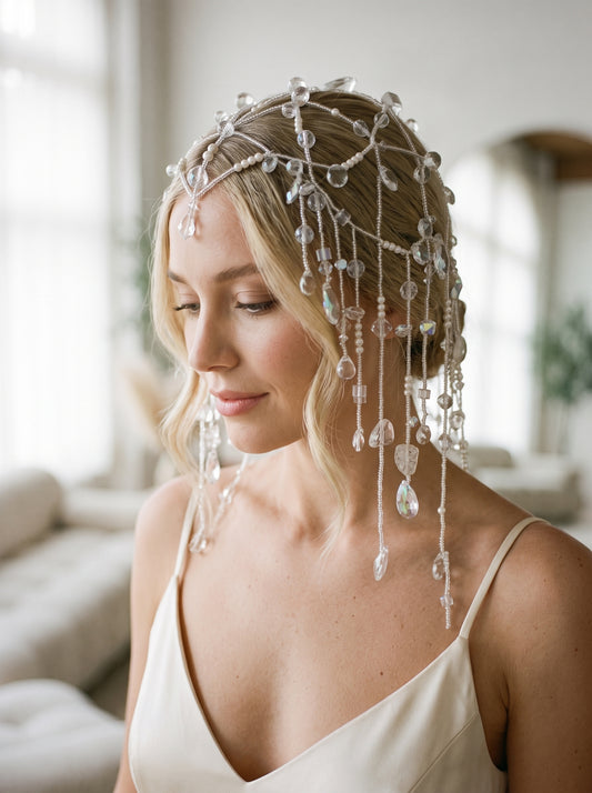 Ethereal Dewdrop Bridal Hair Net - Avant-Garde Beaded Juliet Cap Headpiece with Cascading Holographic Prisms LUNA-X379