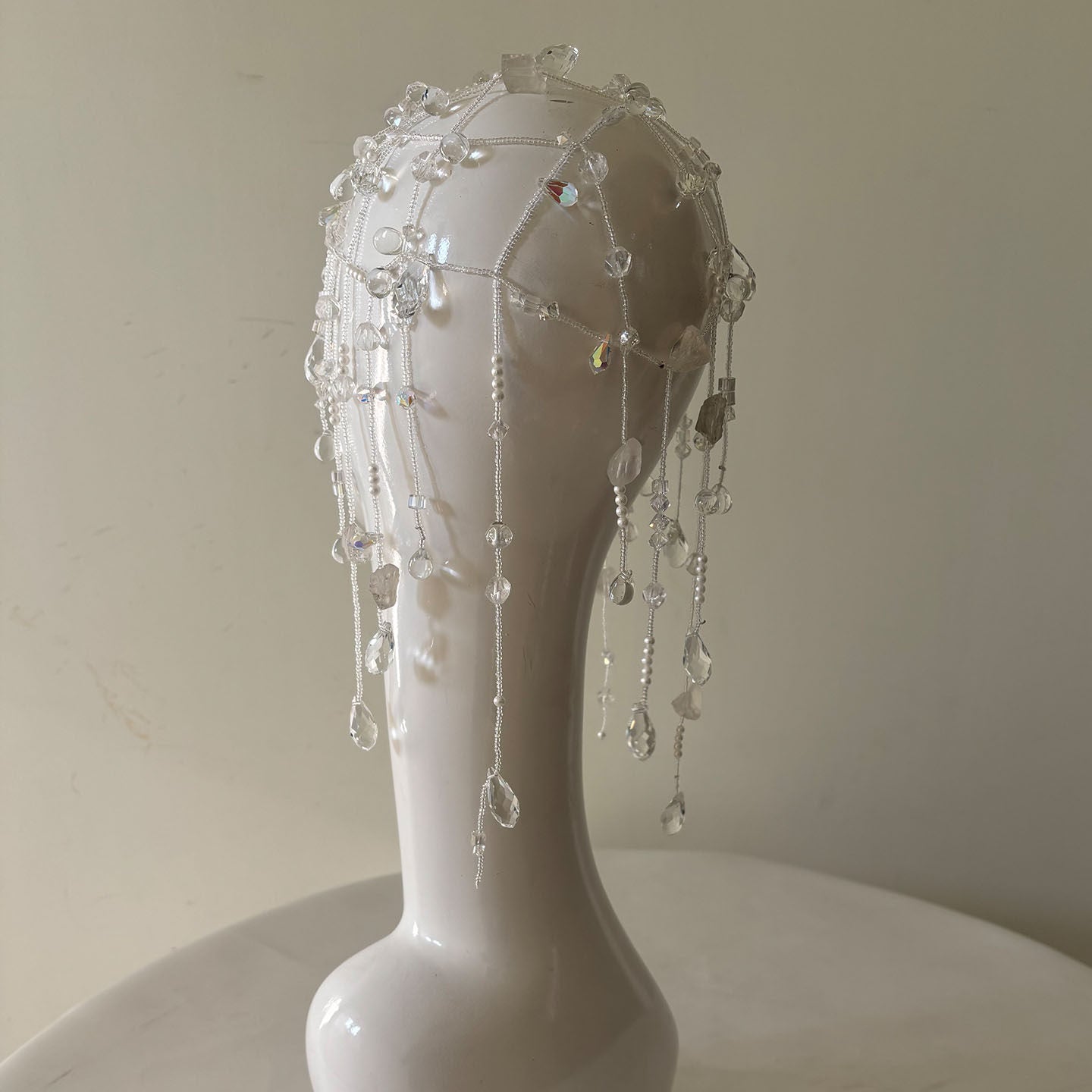 Ethereal Dewdrop Bridal Hair Net - Avant-Garde Beaded Juliet Cap Headpiece with Cascading Holographic Prisms LUNA-X379