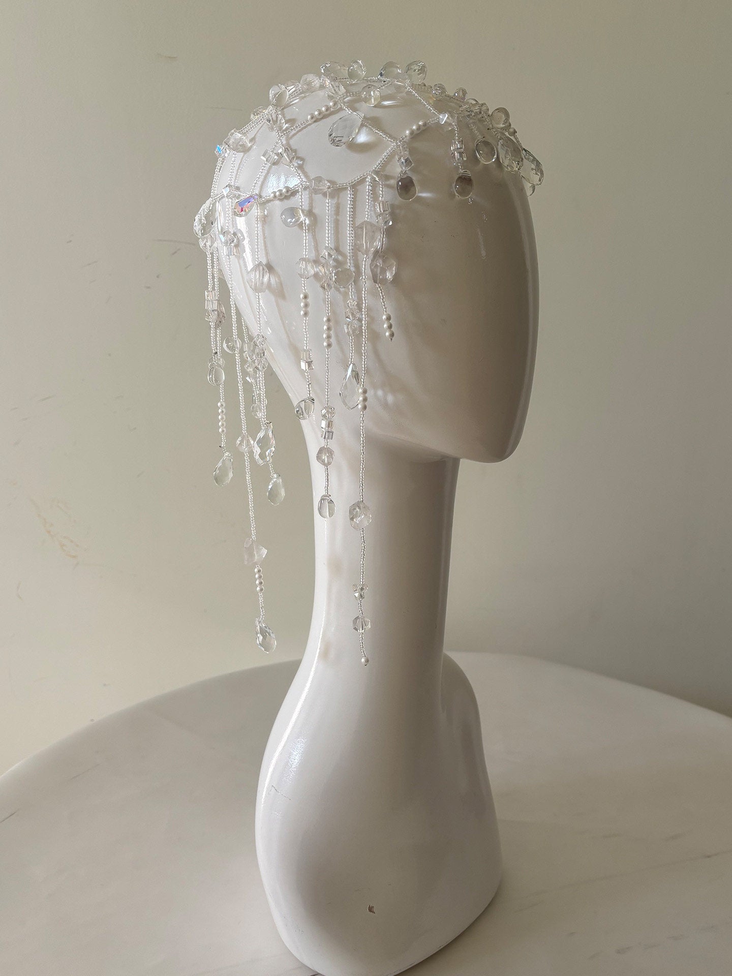 Ethereal Dewdrop Bridal Hair Net - Avant-Garde Beaded Juliet Cap Headpiece with Cascading Holographic Prisms LUNA-X379