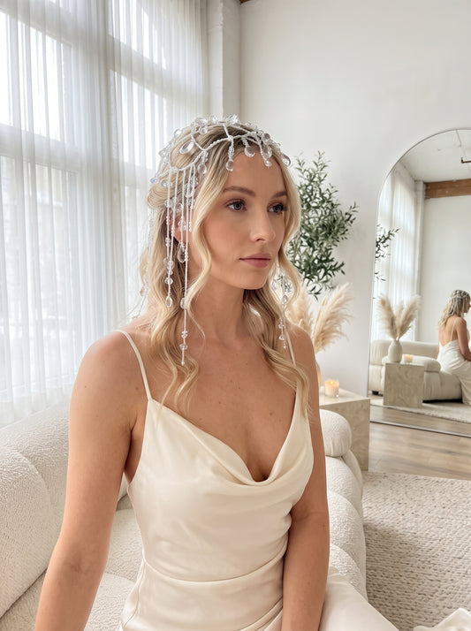 Ethereal Dewdrop Bridal Hair Net - Avant-Garde Beaded Juliet Cap Headpiece with Cascading Holographic Prisms LUNA-X379