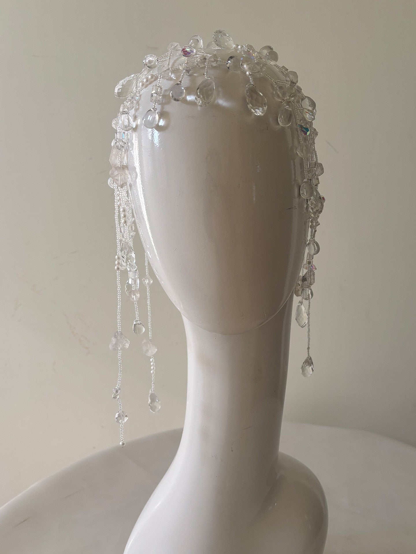 Ethereal Dewdrop Bridal Hair Net - Avant-Garde Beaded Juliet Cap Headpiece with Cascading Holographic Prisms LUNA-X379