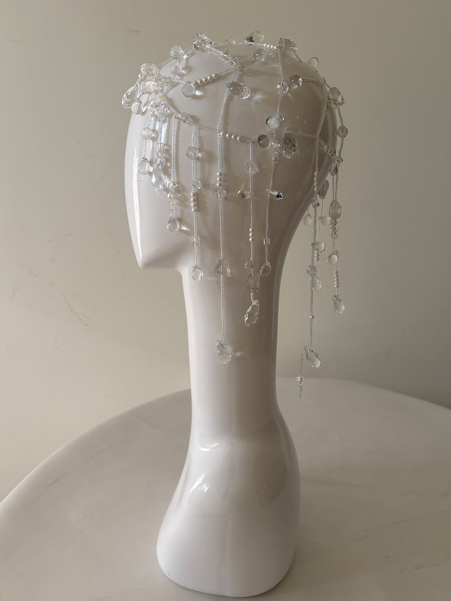 Ethereal Dewdrop Bridal Hair Net - Avant-Garde Beaded Juliet Cap Headpiece with Cascading Holographic Prisms LUNA-X379