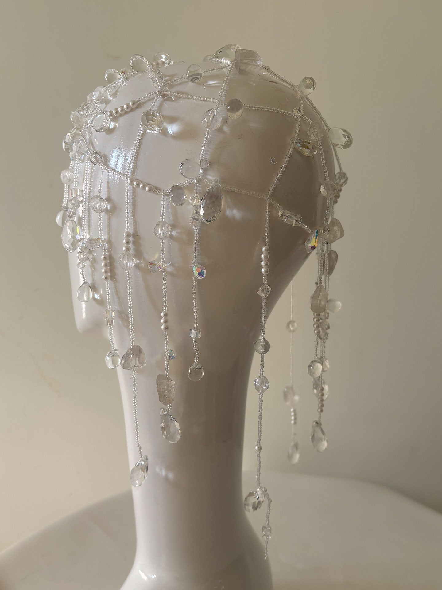 Ethereal Dewdrop Bridal Hair Net - Avant-Garde Beaded Juliet Cap Headpiece with Cascading Holographic Prisms LUNA-X379