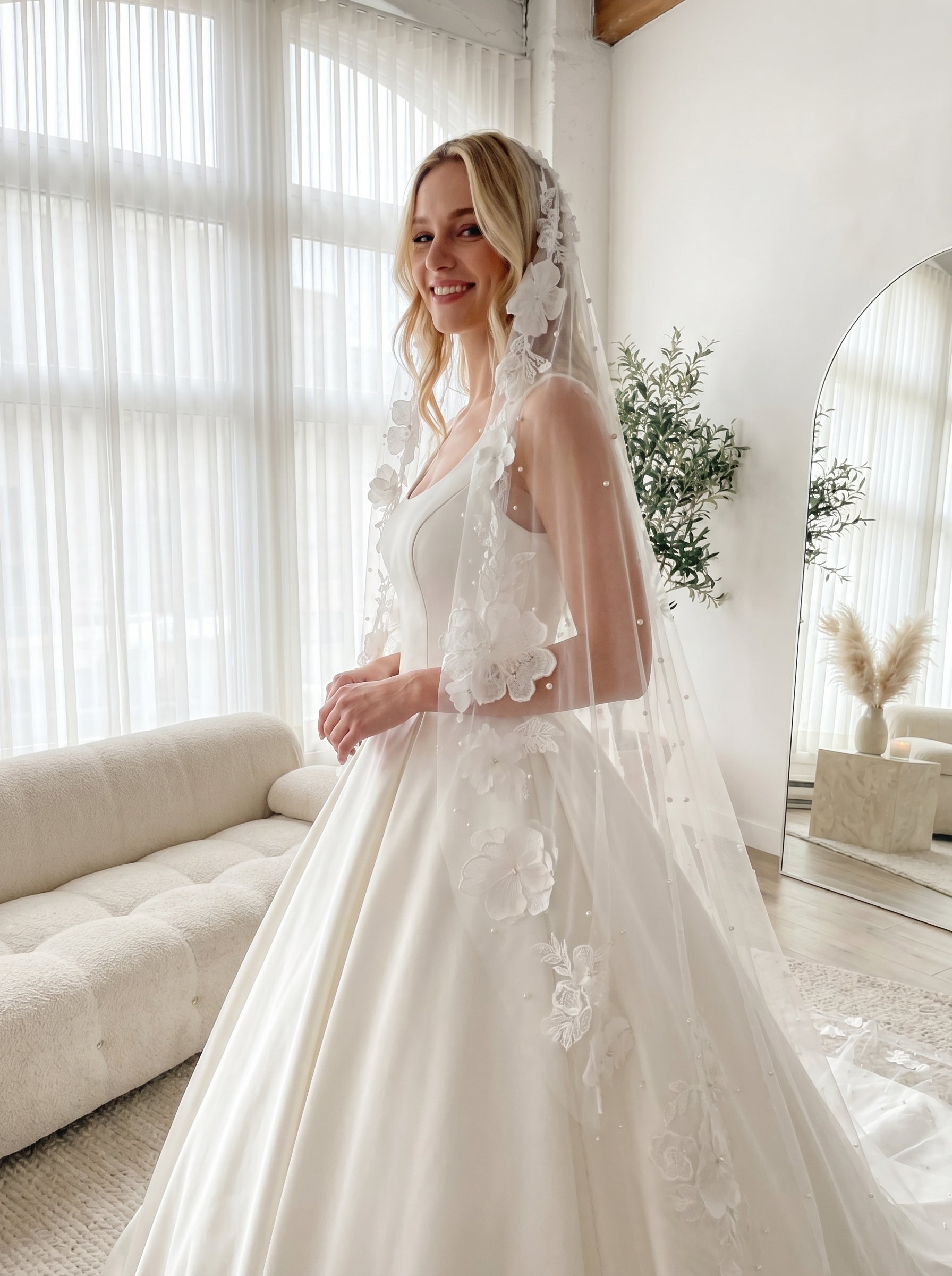 Romantic Flower Cathedral Wedding Veil - 2m x 3m Single Layer Floral Bridal Veil, Comb-Free Ethereal 3D Blossom Veil  LUNA-X37