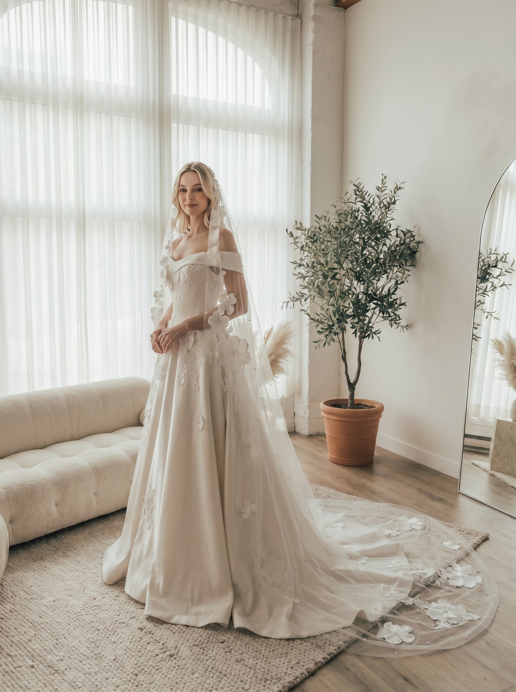 Romantic Flower Cathedral Wedding Veil - 2m x 3m Single Layer Floral Bridal Veil, Comb-Free Ethereal 3D Blossom Veil  LUNA-X37