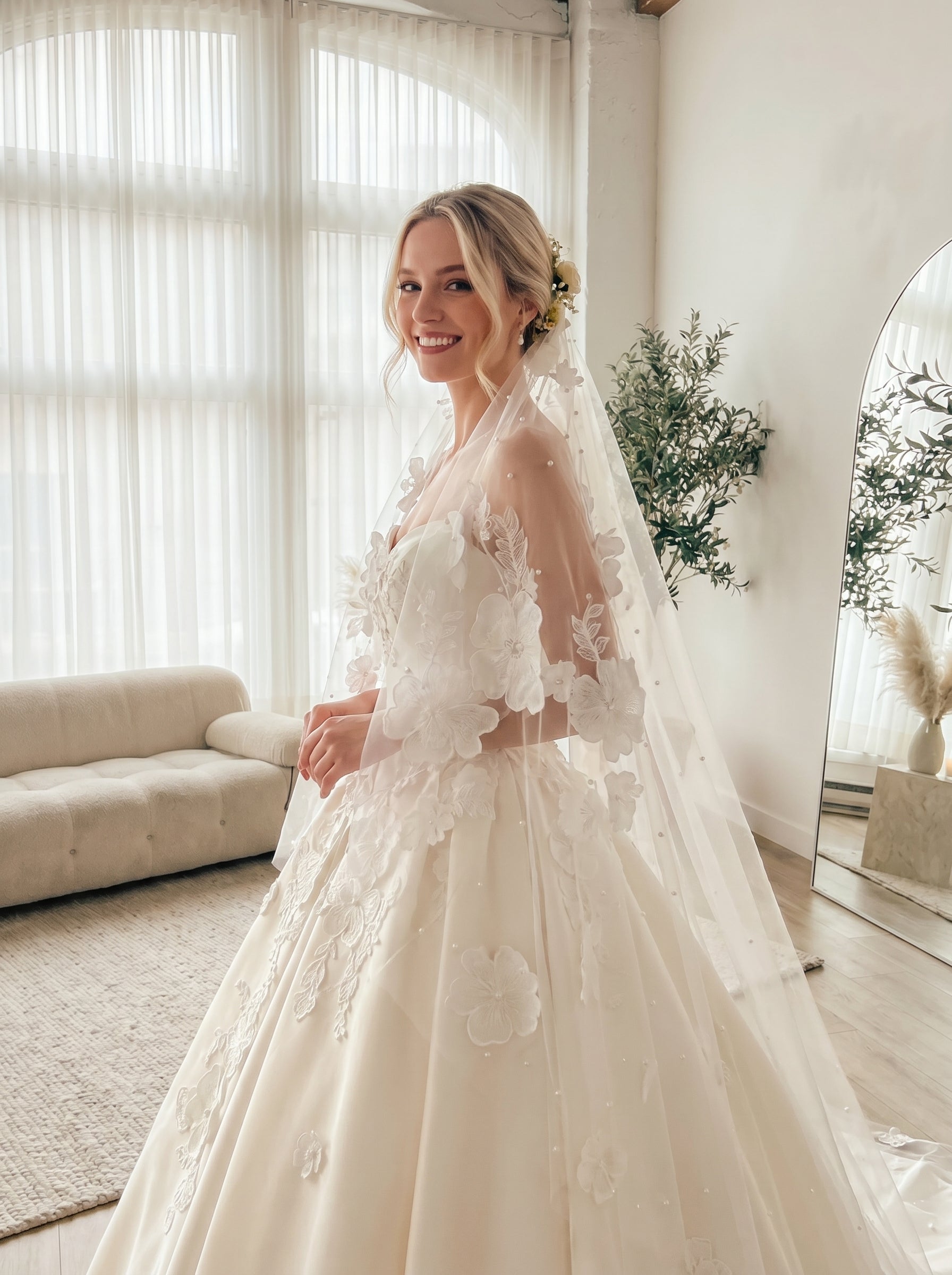 Romantic Flower Cathedral Wedding Veil - 2m x 3m Single Layer Floral Bridal Veil, Comb-Free Ethereal 3D Blossom Veil  LUNA-X37