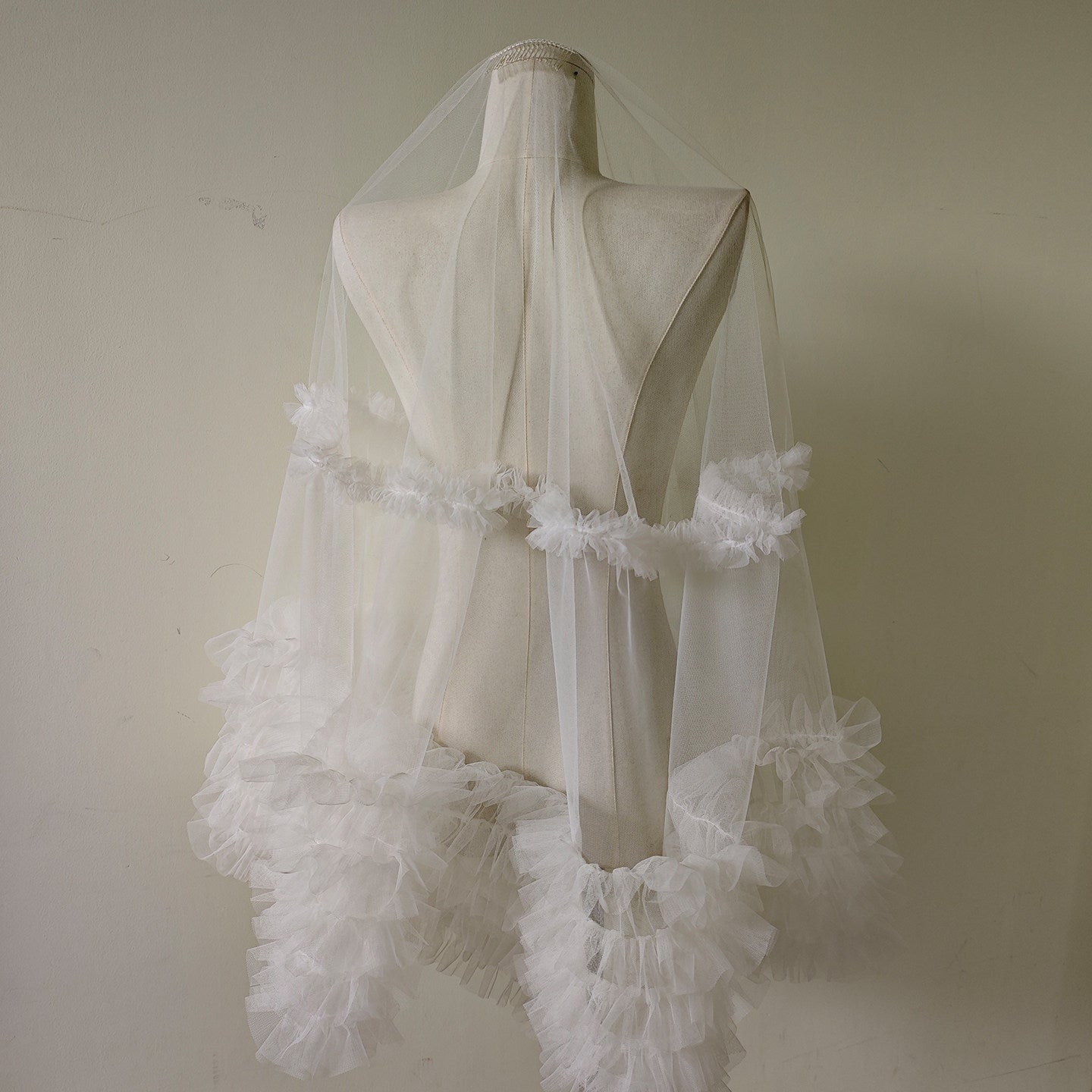 Romantic Ruffled Edge Bridal Veil - Heavy-Handcrafted Single Layer Pleated Tulle Wedding Veil with Voluminous Cascading Flounces  LUNA-X380