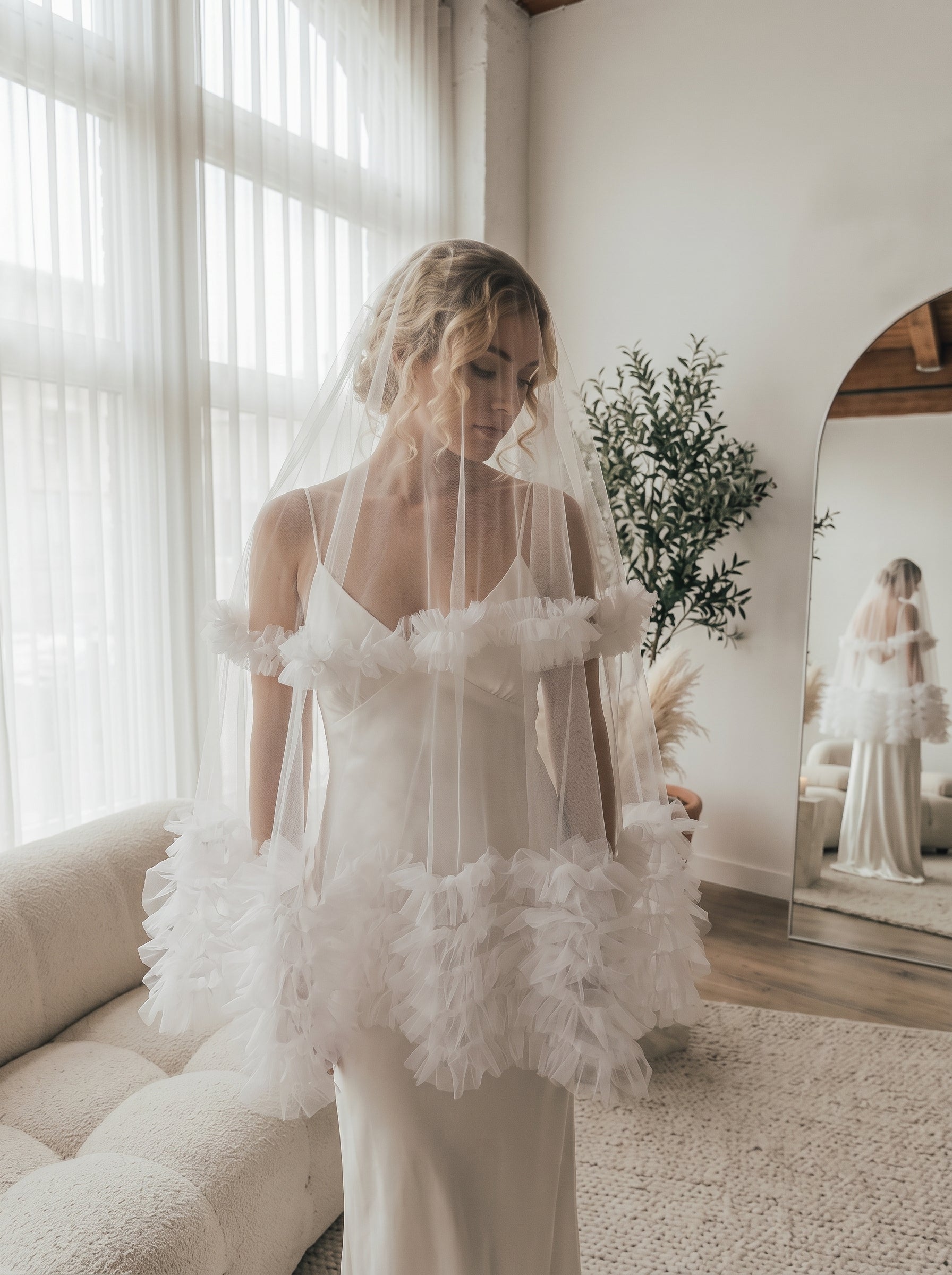 Romantic Ruffled Edge Bridal Veil - Heavy-Handcrafted Single Layer Pleated Tulle Wedding Veil with Voluminous Cascading Flounces  LUNA-X380