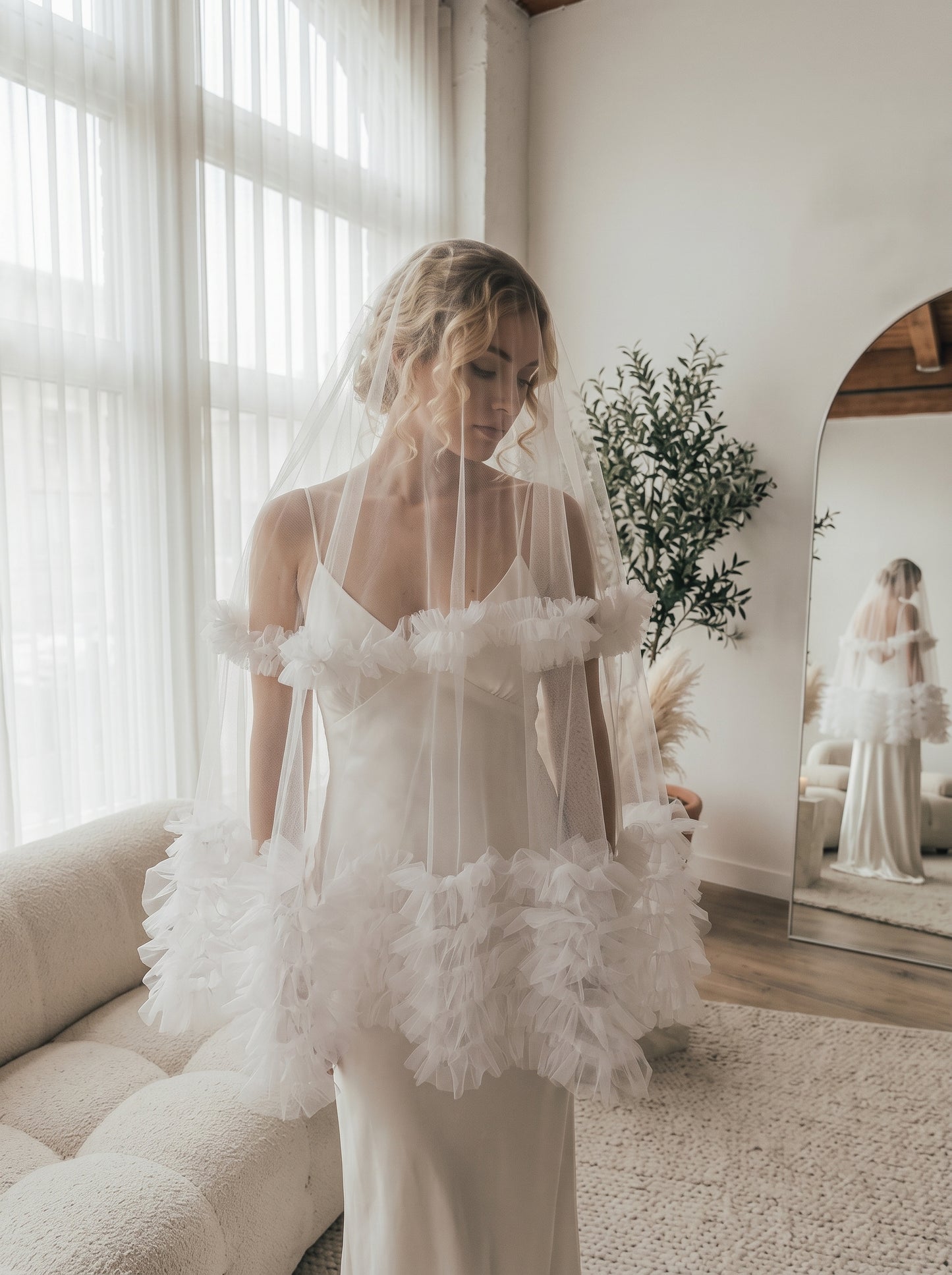 Romantic Ruffled Edge Bridal Veil - Heavy-Handcrafted Single Layer Pleated Tulle Wedding Veil with Voluminous Cascading Flounces  LUNA-X380