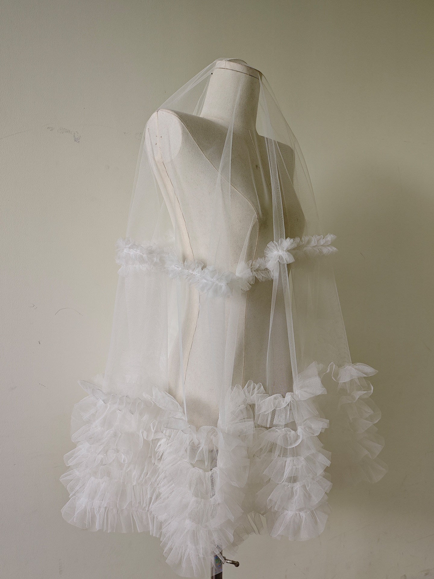 Romantic Ruffled Edge Bridal Veil - Heavy-Handcrafted Single Layer Pleated Tulle Wedding Veil with Voluminous Cascading Flounces  LUNA-X380