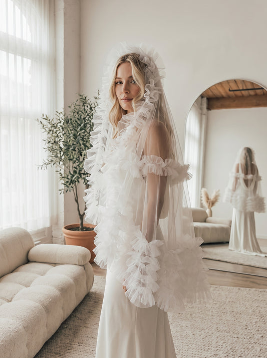 Romantic Ruffled Edge Bridal Veil - Heavy-Handcrafted Single Layer Pleated Tulle Wedding Veil with Voluminous Cascading Flounces  LUNA-X380