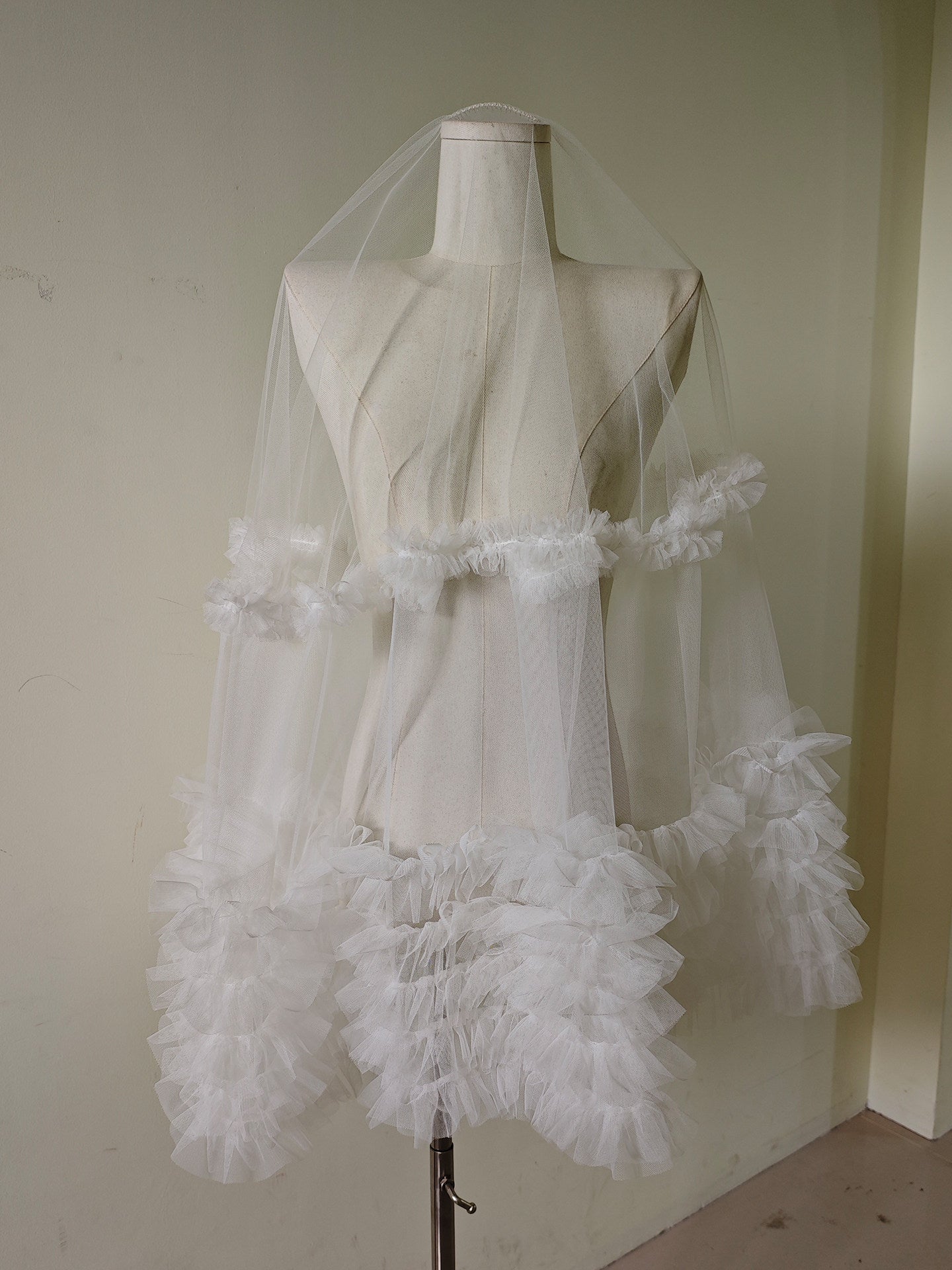 Romantic Ruffled Edge Bridal Veil - Heavy-Handcrafted Single Layer Pleated Tulle Wedding Veil with Voluminous Cascading Flounces  LUNA-X380